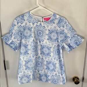 Lilly Pulitzer Lailah white cotton eyelet blouse with blue embroidery Size M